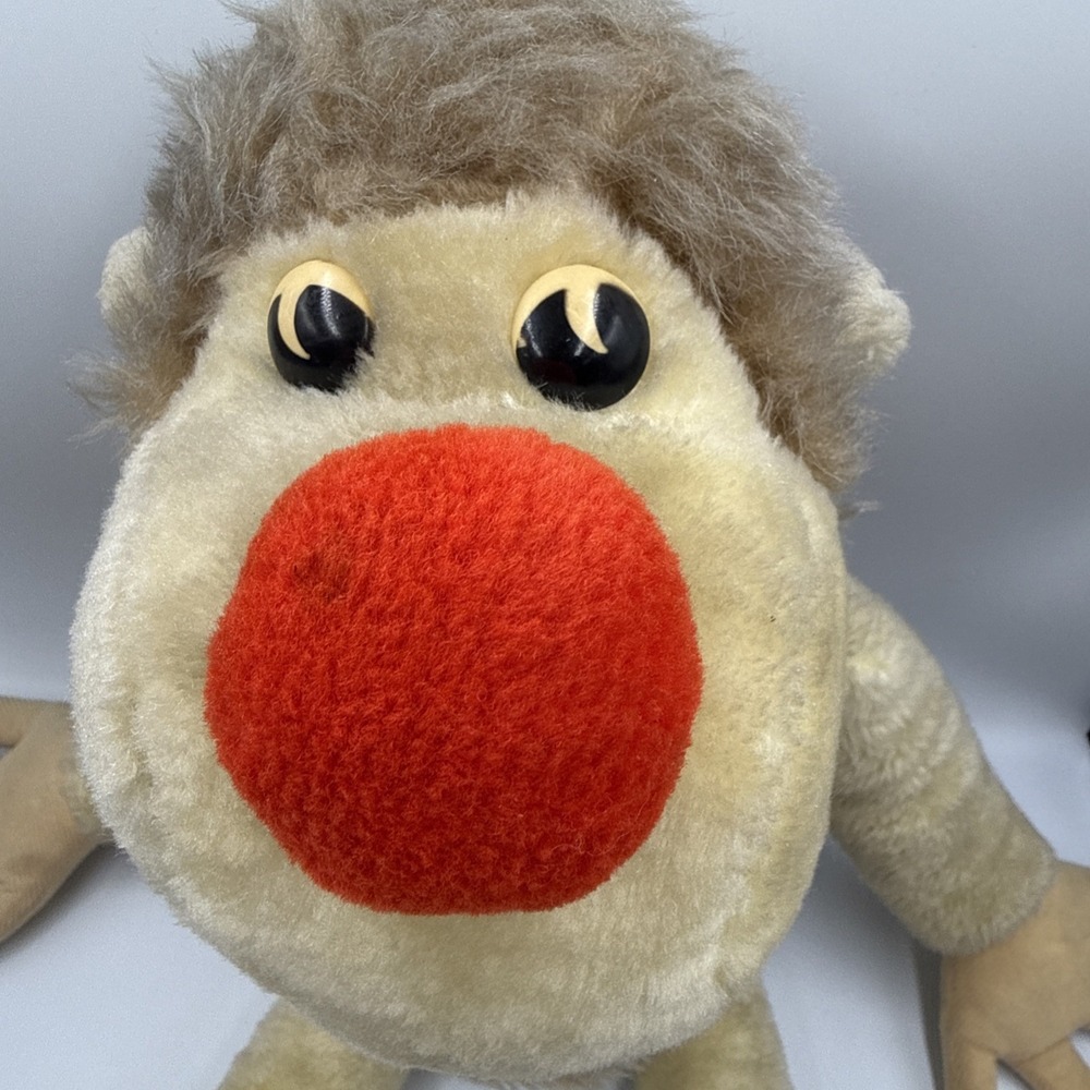 Vintage 70's Elka Toys Plush Monkey Mr. Snodgrass Red Nose Beige Stuffy 24" - Picture 2 of 9